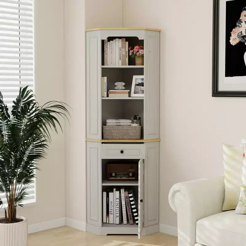 JVNOXK68 Armoire d'angle haute style bar rustique, meuble de rangement d'angle autoportant avec 1 porte, 1 tiroir et étagères réglables Blanc