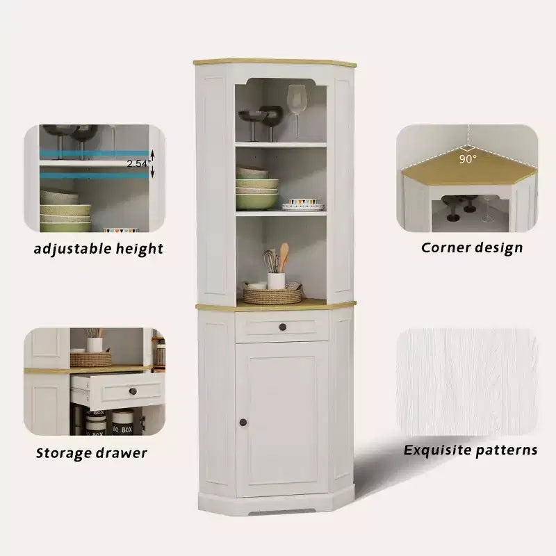 JVNOXK68 Armoire d'angle haute style bar rustique, meuble de rangement d'angle autoportant avec 1 porte, 1 tiroir et étagères réglables Blanc