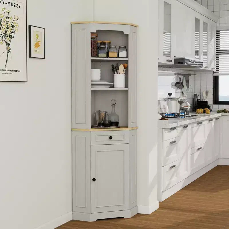 JVNOXK68 Armoire d'angle haute style bar rustique, meuble de rangement d'angle autoportant avec 1 porte, 1 tiroir et étagères réglables Blanc