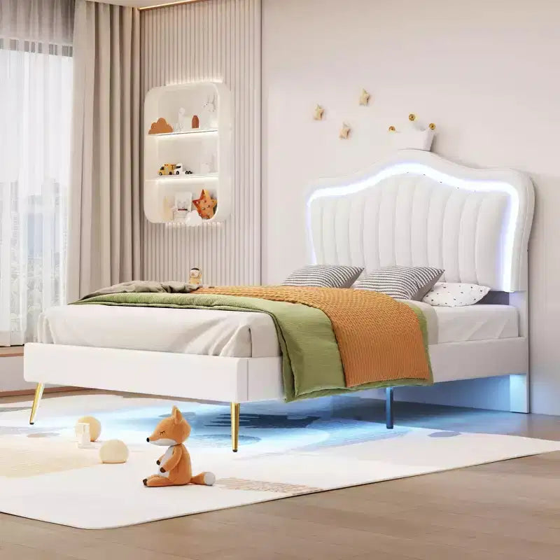 SC-1PC Cadre de lit double rembourré avec lumières LED, lit de princesse moderne rembourré avec tête de lit couronne blanc