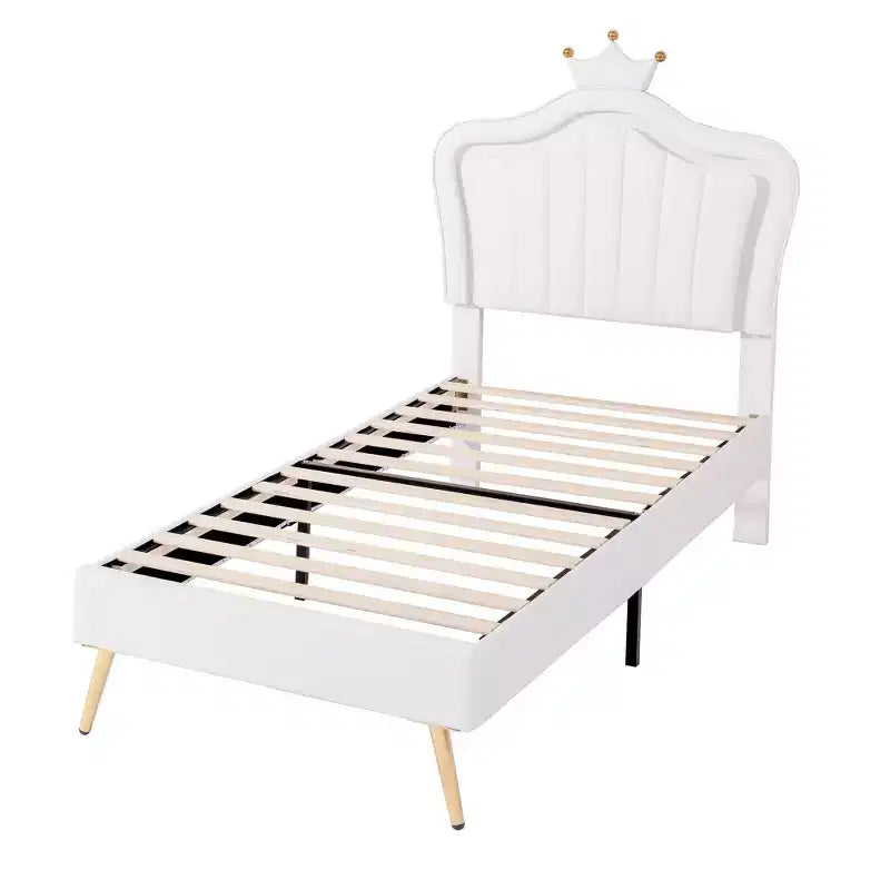 SC-1PC Cadre de lit double rembourré avec lumières LED, lit de princesse moderne rembourré avec tête de lit couronne blanc