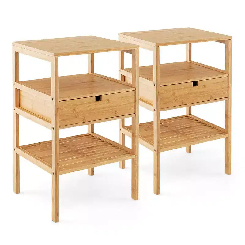 Costway Tables de Chevet en Bambou Lot de 2 avec Tiroir Coulissant et Étagère de Rangement Bois Naturel