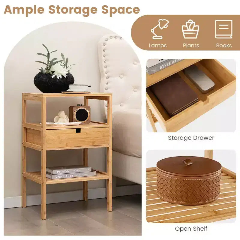 Costway Tables de Chevet en Bambou Lot de 2 avec Tiroir Coulissant et Étagère de Rangement Bois Naturel