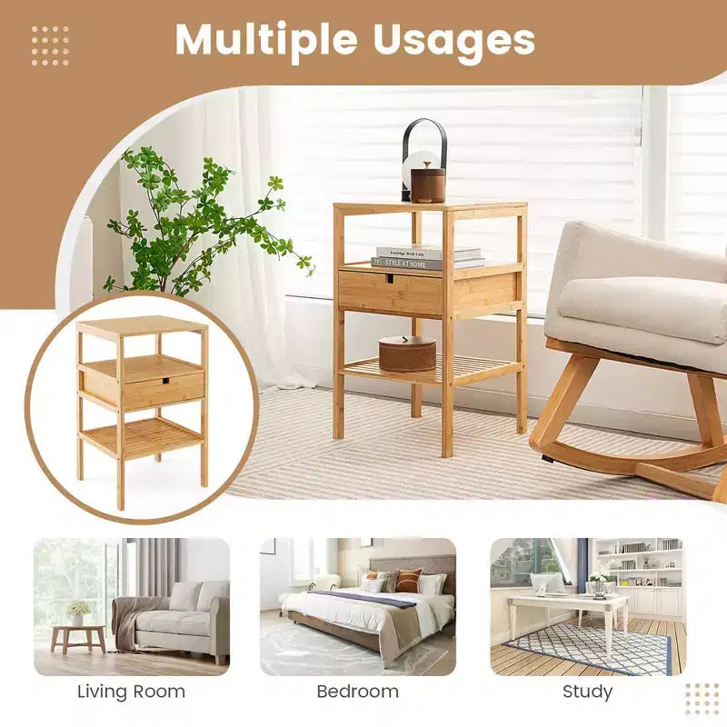 Costway Tables de Chevet en Bambou Lot de 2 avec Tiroir Coulissant et Étagère de Rangement Bois Naturel