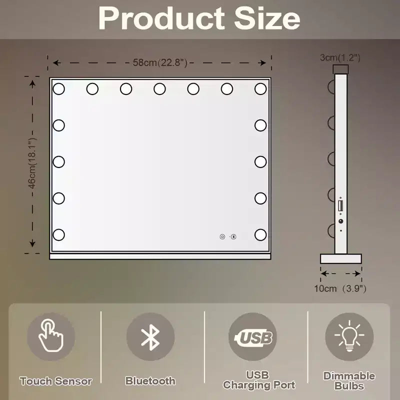 Miro Miroir de courtoisie de salle de bain GDFStudio moderne de 57,9 cm avec lumières, port de charge, haut-parleur Bluetooth et microphone