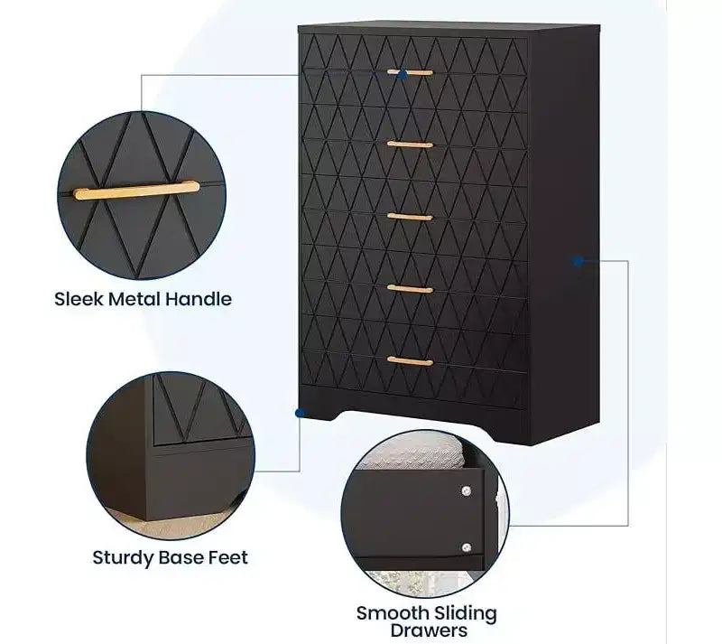 Commode haute de chambre à coucher avec 5 tiroirs, commode en bois avec poignées dorées, armoire de rangement en bois et tiroirs de rangement pour salon