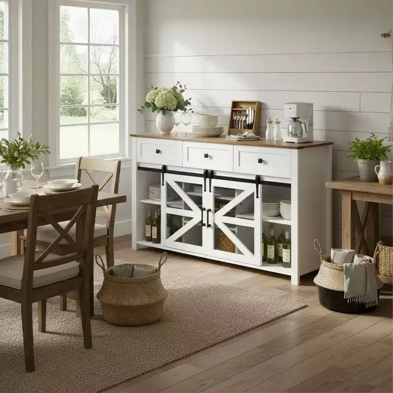 Okak Buffet moderne en verre, meuble de rangement pour salle à manger, armoires de cuisine avec porte coulissante de style grange et poignées en métal