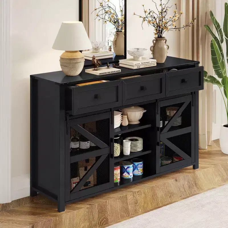 Okak Buffet moderne en verre, meuble de rangement pour salle à manger, armoires de cuisine avec porte coulissante de style grange et poignées en métal