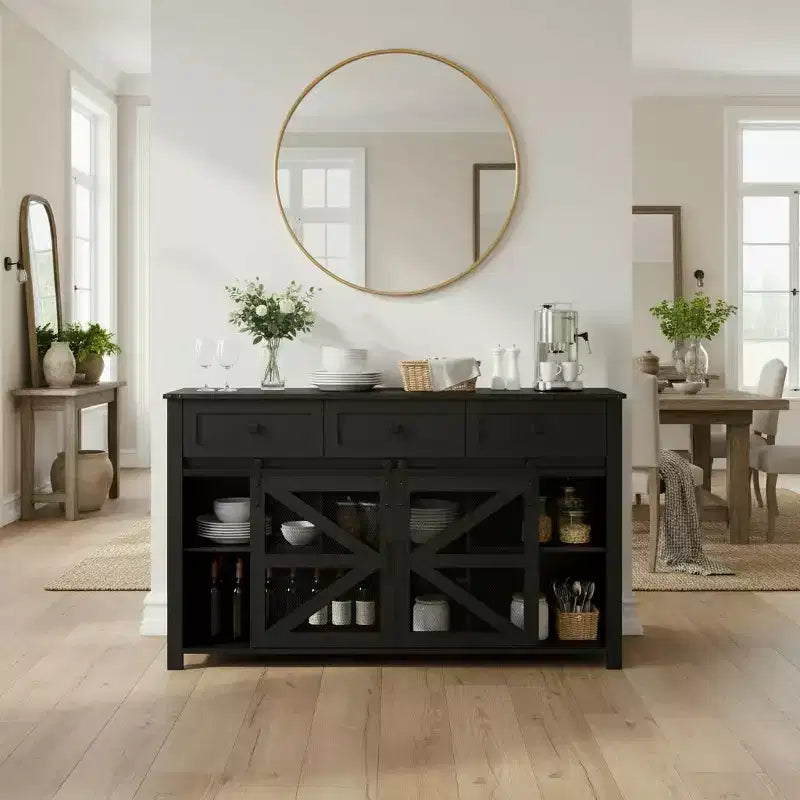 Okak Buffet moderne en verre, meuble de rangement pour salle à manger, armoires de cuisine avec porte coulissante de style grange et poignées en métal