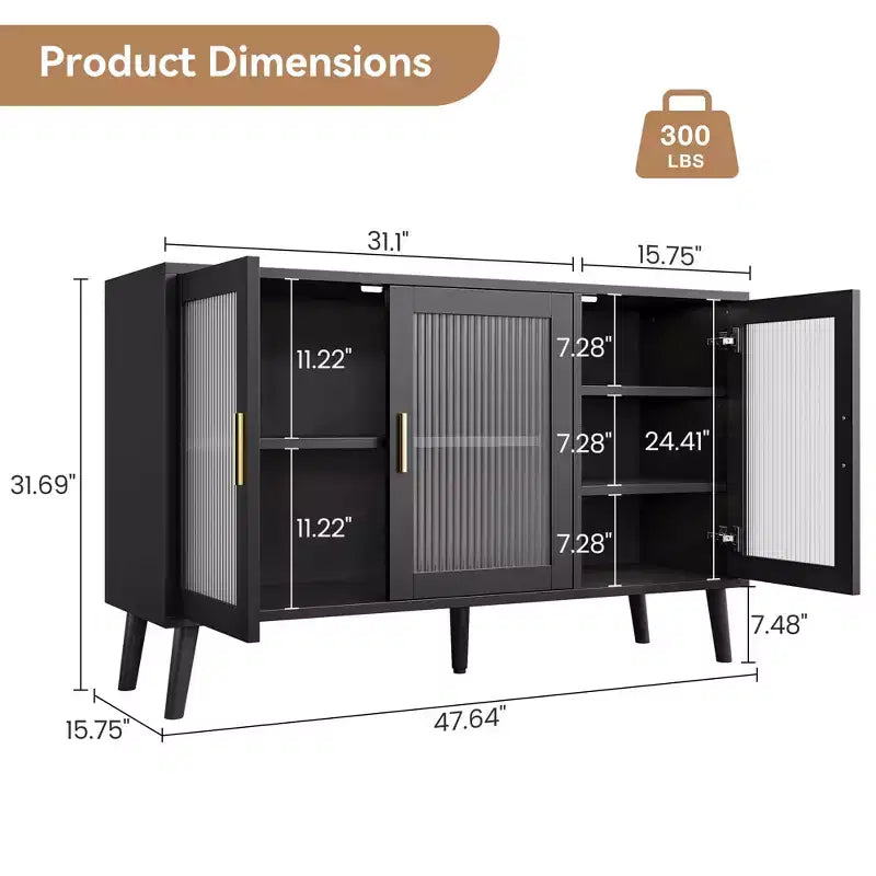 Buffet avec 3 longues portes en verre arc-en-ciel, buffet grande capacité en aggloméré, moderne pour cuisine, salle à manger ou salon, noir