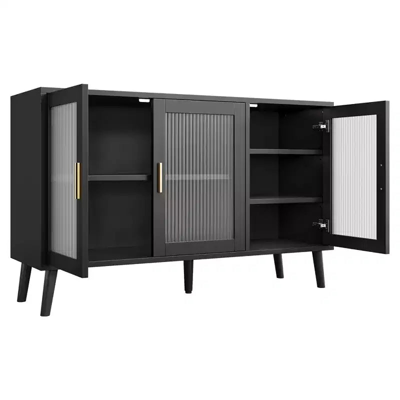 Buffet avec 3 longues portes en verre arc-en-ciel, buffet grande capacité en aggloméré, moderne pour cuisine, salle à manger ou salon, noir