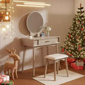 Okak Contemporary Wooden Vanity Desk with Stool, Makeup Vanity with Round Mirror and 1 Drawer, Girls Vanity for Bedroom, Dressing Room