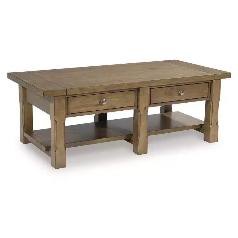 Table basse rectangulaire Vandenmore de Signature Design by Ashley, table de rangement de style ferme avec tiroirs et étagère inférieure, marron moyen