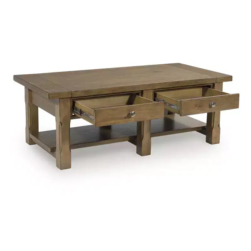 Table basse rectangulaire Vandenmore de Signature Design by Ashley, table de rangement de style ferme avec tiroirs et étagère inférieure, marron moyen