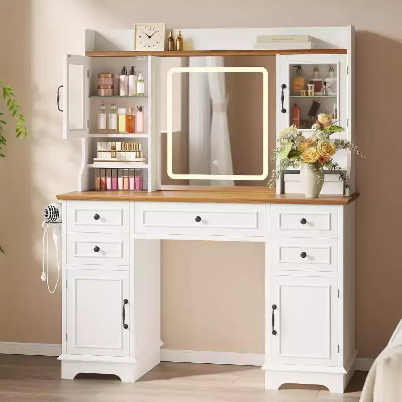 Coiffeuse blanche Acekool avec miroir, lumière réglable, tiroirs et ports de charge pour chambre ou dressing