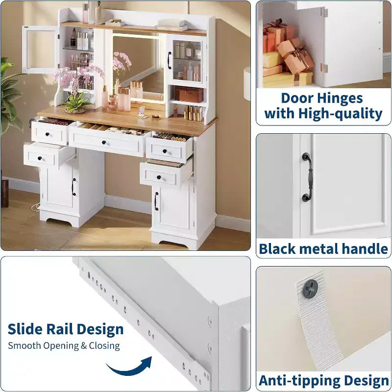 Coiffeuse blanche Acekool avec miroir, lumière réglable, tiroirs et ports de charge pour chambre ou dressing