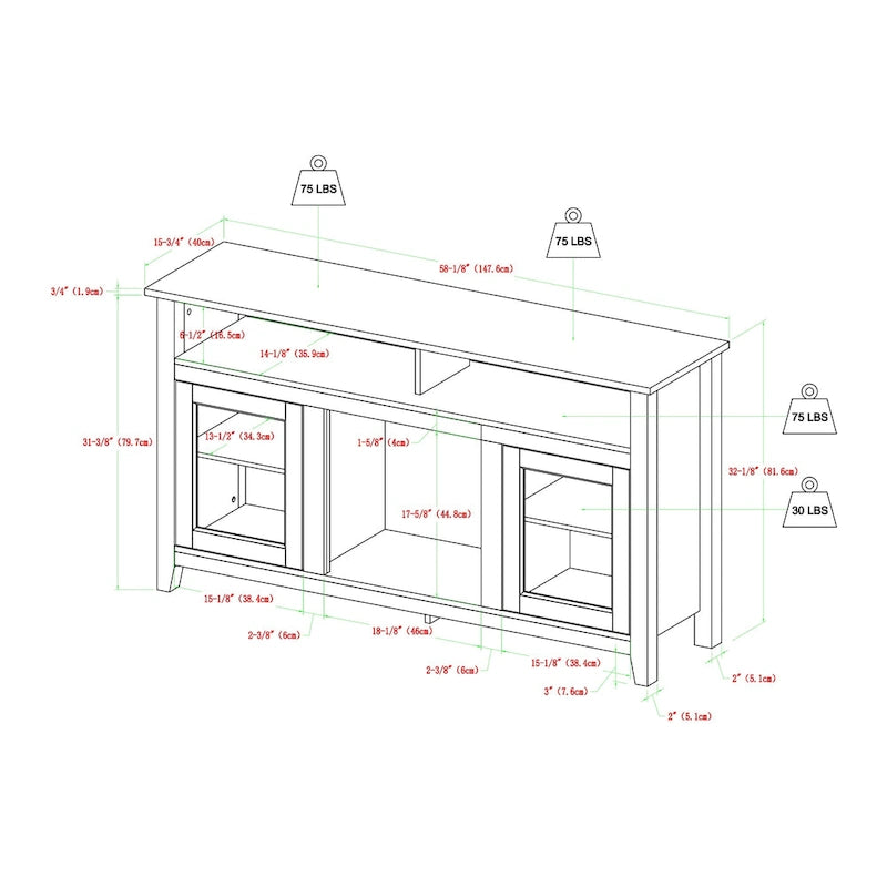 Meuble TV cheminée Highboy 2 portes Middlebrook de 58 pouces