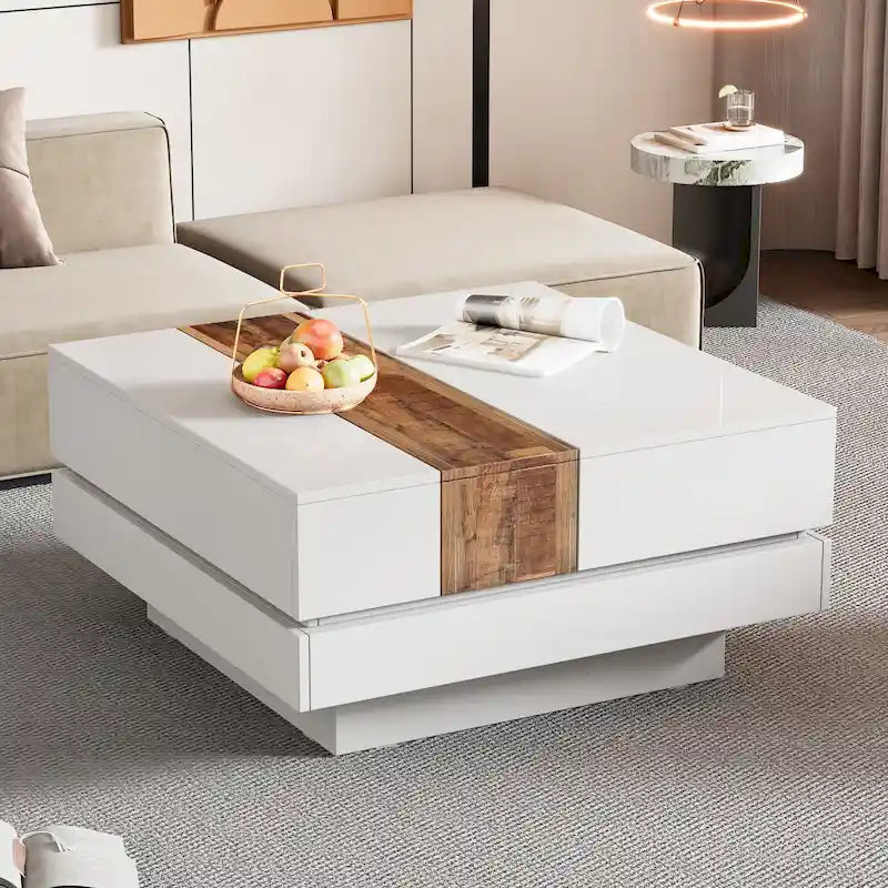 Table basse carrée avec plateau coulissant et rangement dissimulé