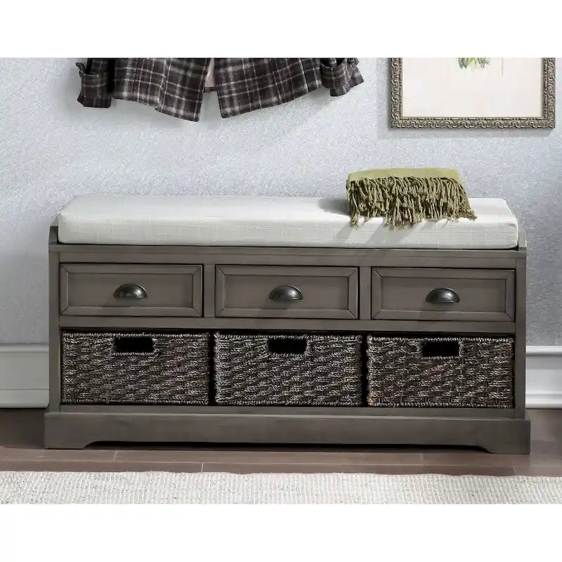 Banc de rangement en bois avec coussin, 3 tiroirs et 3 paniers