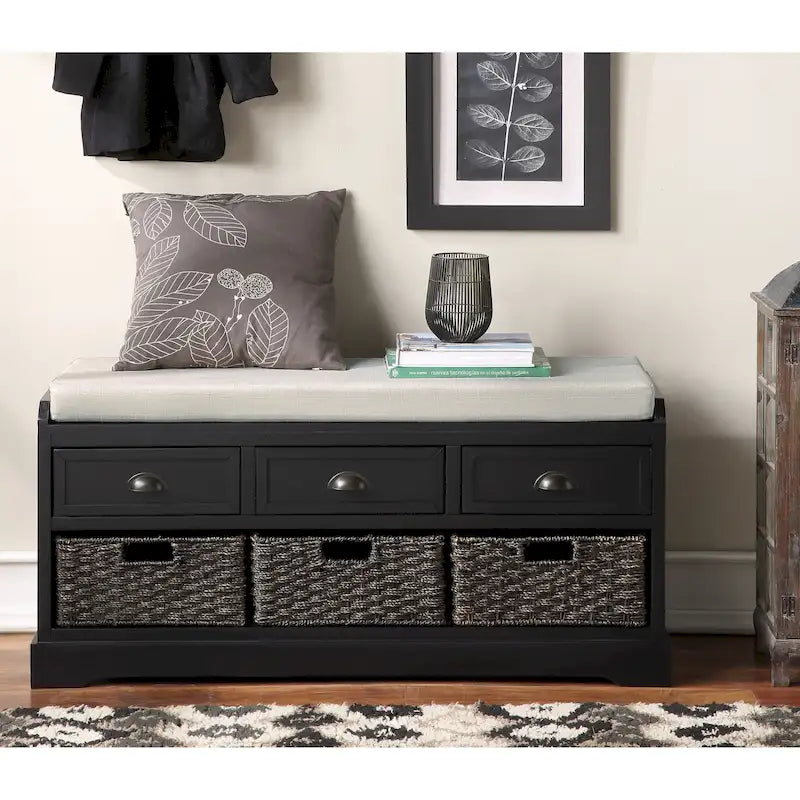 Banc de rangement en bois avec coussin, 3 tiroirs et 3 paniers