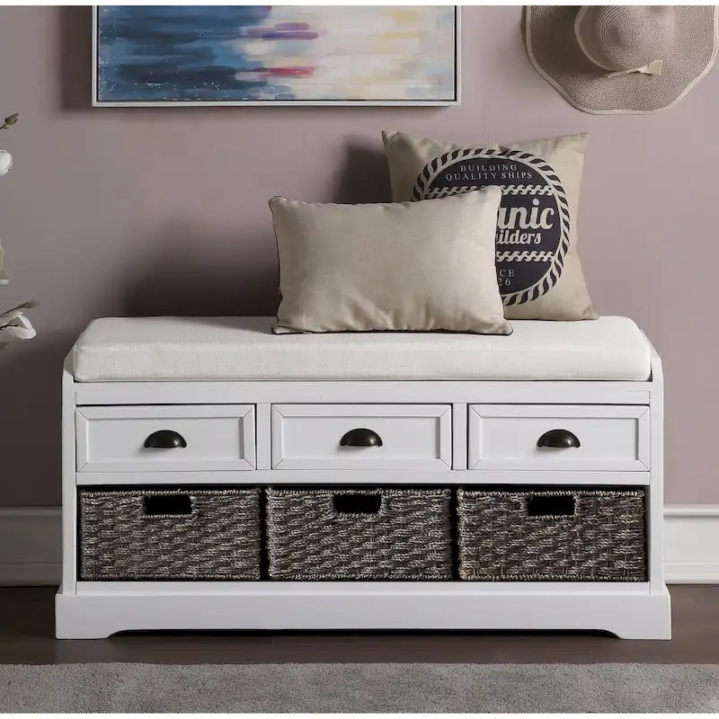 Banc de rangement en bois avec coussin, 3 tiroirs et 3 paniers