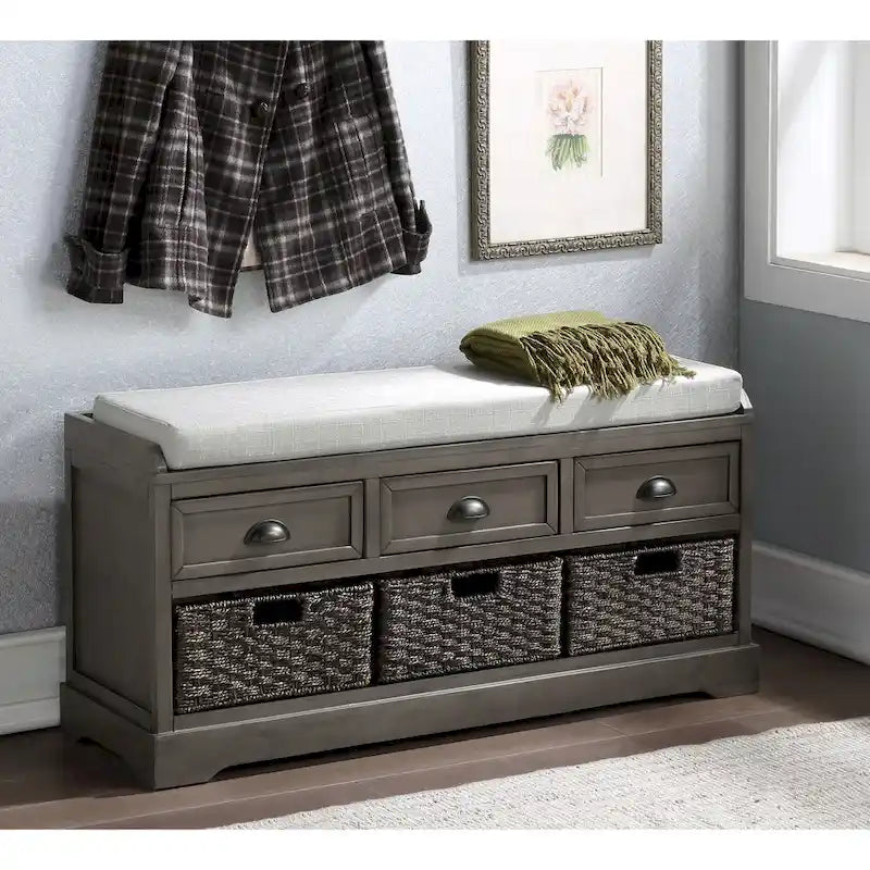 Banc de rangement en bois avec coussin, 3 tiroirs et 3 paniers