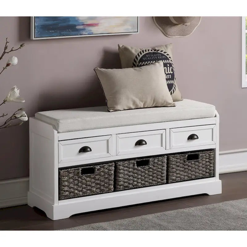 Banc de rangement en bois avec coussin, 3 tiroirs et 3 paniers
