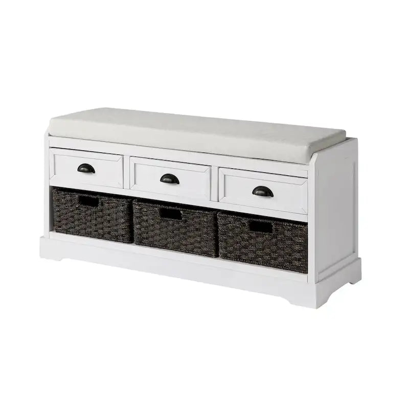 Banc de rangement en bois avec coussin, 3 tiroirs et 3 paniers