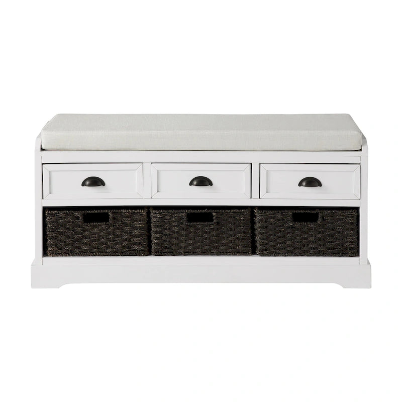 Banc de rangement en bois avec coussin, 3 tiroirs et 3 paniers