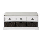 Banc de rangement en bois avec coussin, 3 tiroirs et 3 paniers