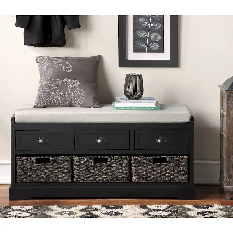 Banc de rangement en bois avec coussin, 3 tiroirs et 3 paniers