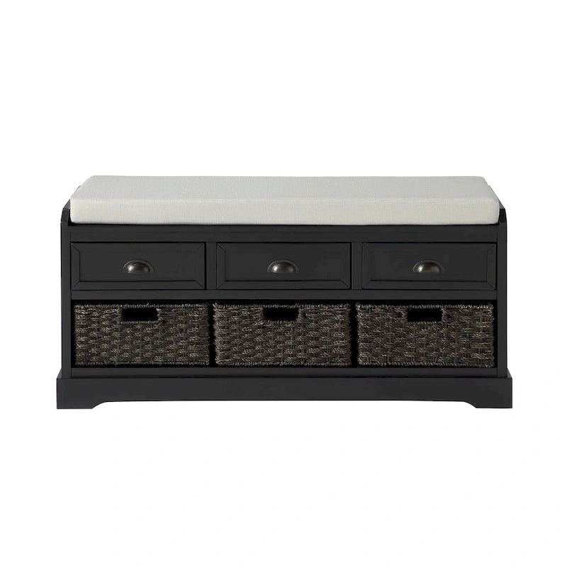 Banc de rangement en bois avec coussin, 3 tiroirs et 3 paniers