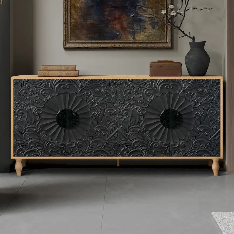 Meuble TV d'appoint Black+Natural 62.99 avec portes sculptées, étagère et pieds en bois massif