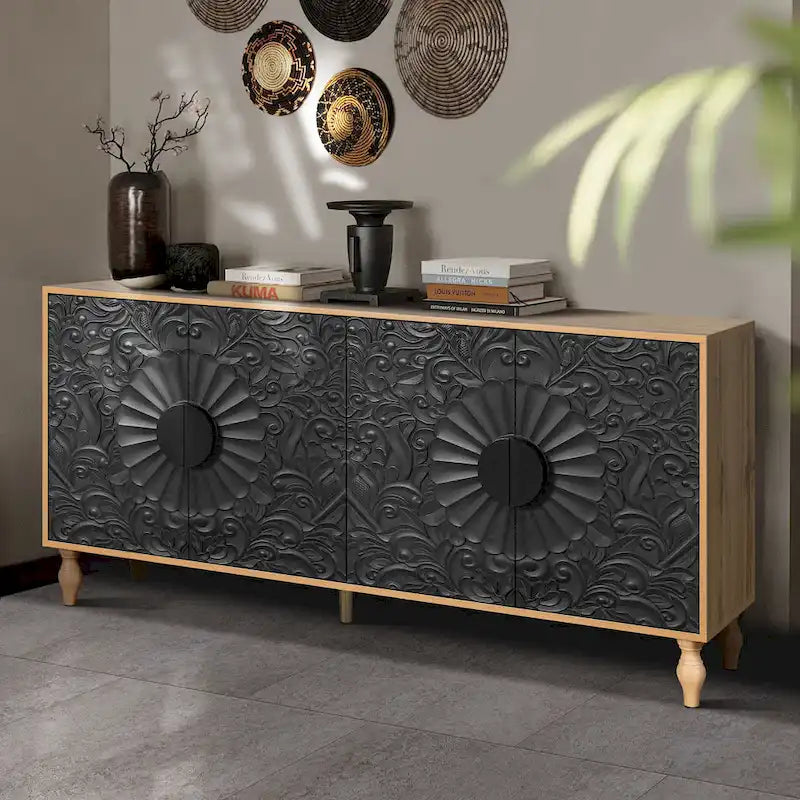 Meuble TV d'appoint Black+Natural 62.99 avec portes sculptées, étagère et pieds en bois massif