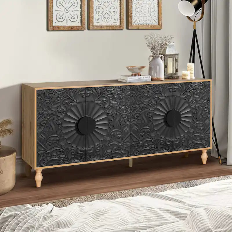 Meuble TV d'appoint Black+Natural 62.99 avec portes sculptées, étagère et pieds en bois massif