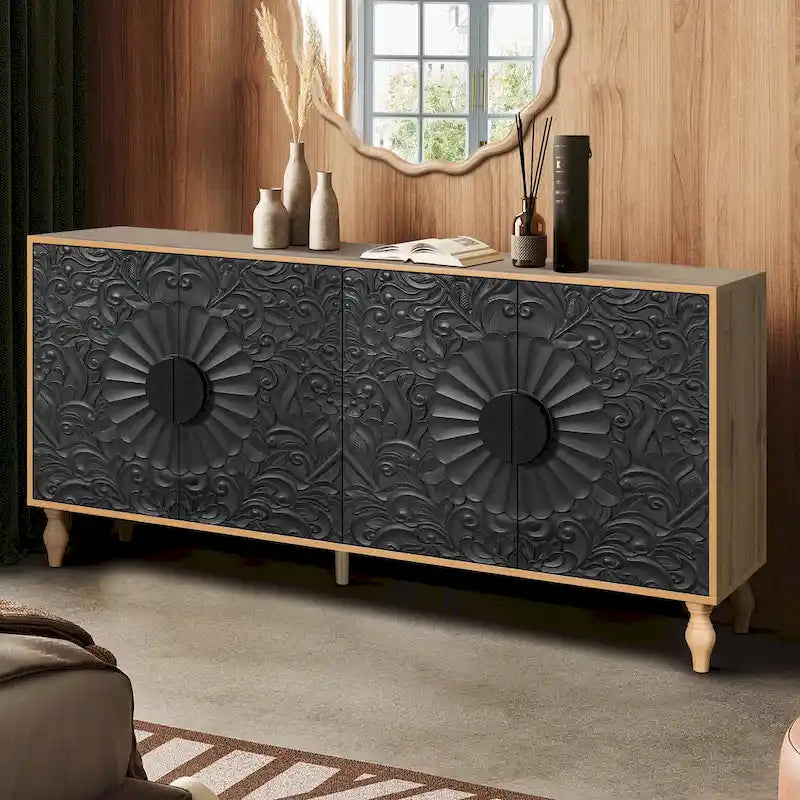 Meuble TV d'appoint Black+Natural 62.99 avec portes sculptées, étagère et pieds en bois massif