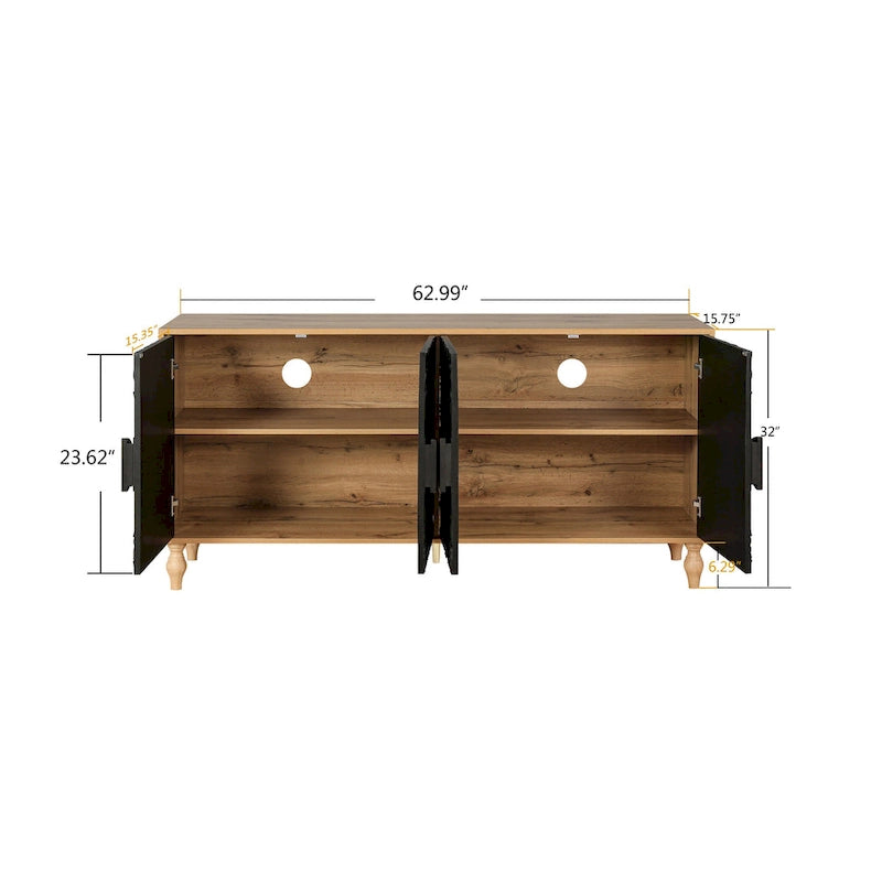 Meuble TV d'appoint Black+Natural 62.99 avec portes sculptées, étagère et pieds en bois massif
