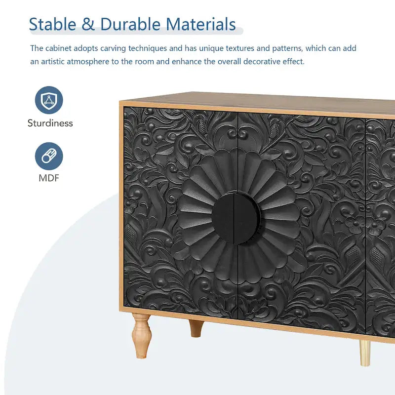Meuble TV d'appoint Black+Natural 62.99 avec portes sculptées, étagère et pieds en bois massif