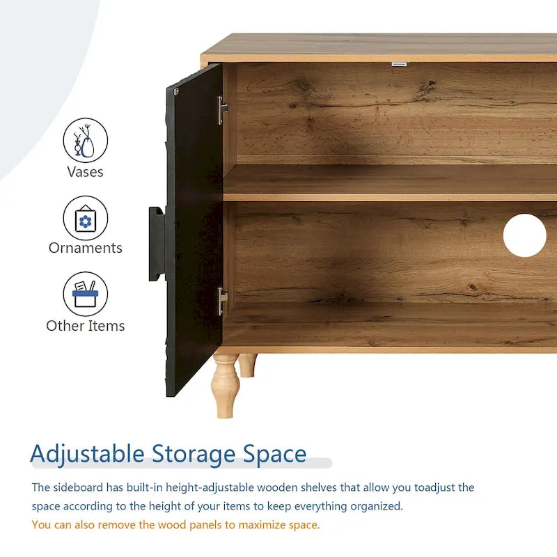 Meuble TV d'appoint Black+Natural 62.99 avec portes sculptées, étagère et pieds en bois massif