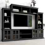 Meuble TV mural noir avec pont et console TV à portes vitrées pour téléviseurs jusqu'à 70 pouces