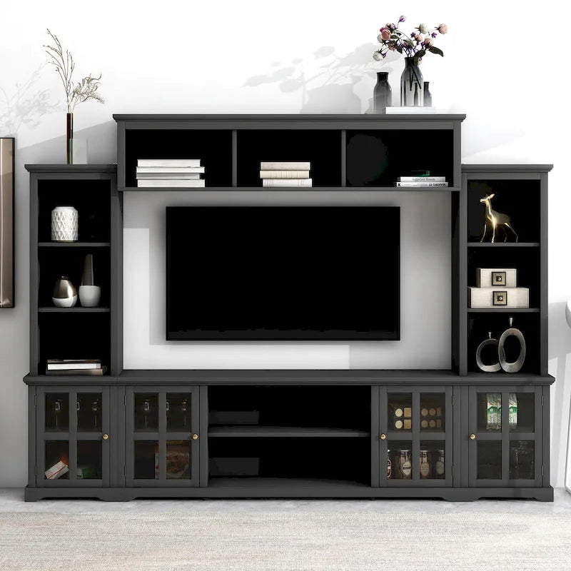 Meuble TV mural noir avec pont et console TV à portes vitrées pour téléviseurs jusqu'à 70 pouces