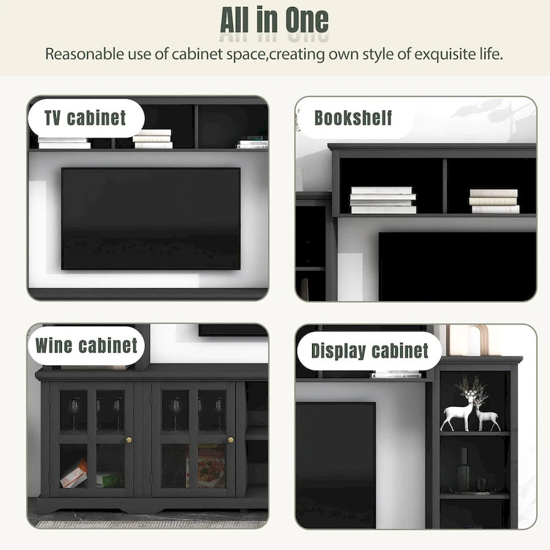 Meuble TV mural noir avec pont et console TV à portes vitrées pour téléviseurs jusqu'à 70 pouces