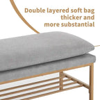 Banc de bout de lit avec étagère, banc à chaussures de rangement rembourré en lin, banc de chambre moderne avec pieds en métal