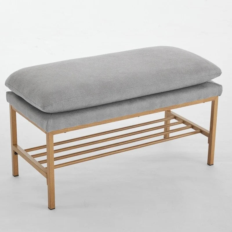 Banc de bout de lit avec étagère, banc à chaussures de rangement rembourré en lin, banc de chambre moderne avec pieds en métal