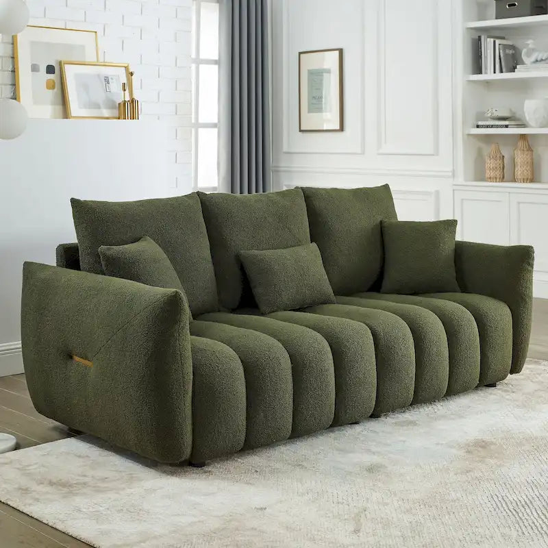 Canapé 3 places en tissu peluche vert 82 Teddy avec 3 coussins de dossier et structure en bois massif