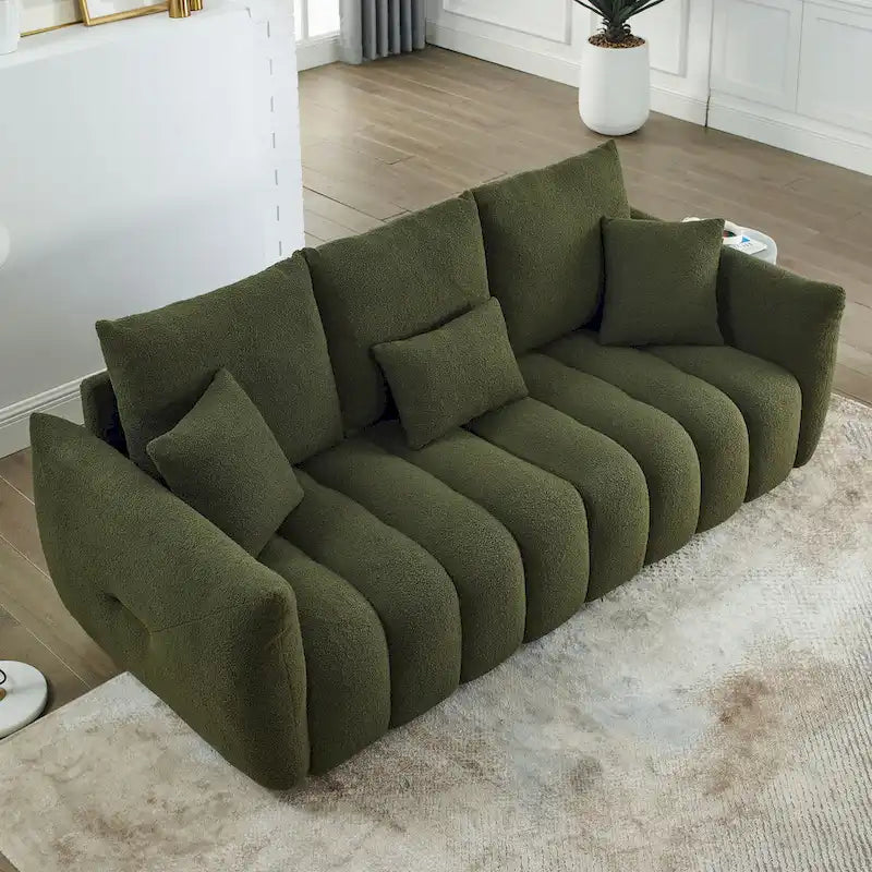 Canapé 3 places en tissu peluche vert 82 Teddy avec 3 coussins de dossier et structure en bois massif