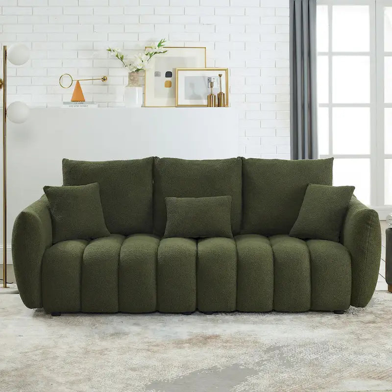 Canapé 3 places en tissu peluche vert 82 Teddy avec 3 coussins de dossier et structure en bois massif