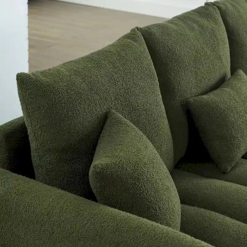 Canapé 3 places en tissu peluche vert 82 Teddy avec 3 coussins de dossier et structure en bois massif