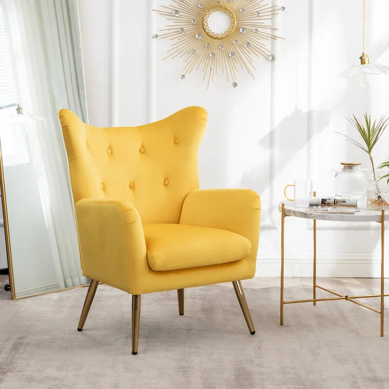 Fauteuil d'appoint capitonné en velours jaune 30.25 avec pieds dorés