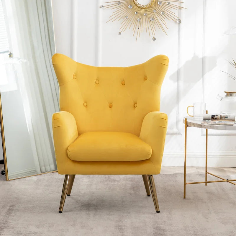 Fauteuil d'appoint capitonné en velours jaune 30.25 avec pieds dorés